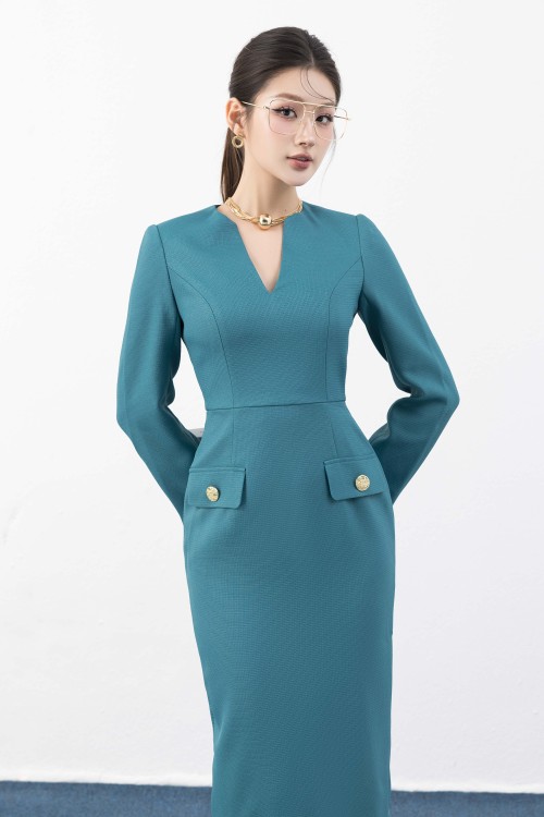 Sixdo Mallard Green Short Sleeves Midi Raw Dress